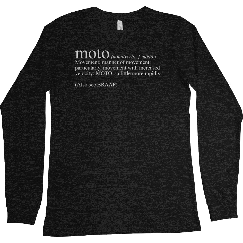 long sleeve t-shirt with "moto definition" from crown moto