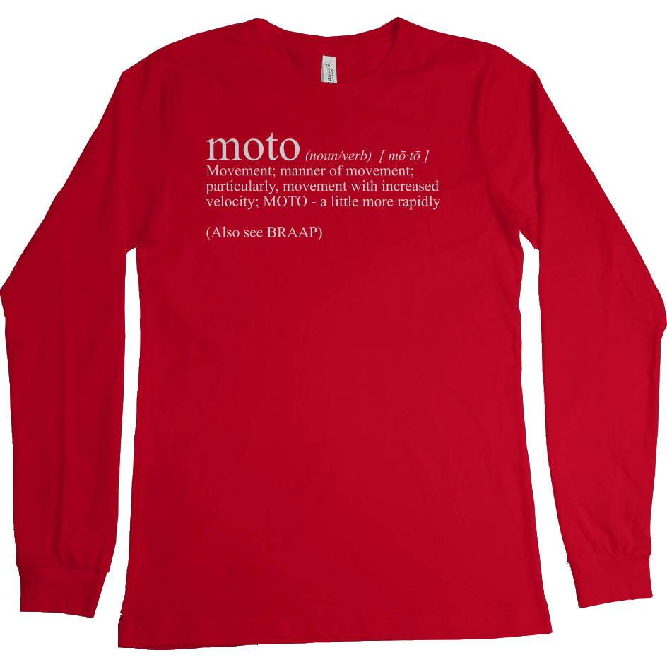 long sleeve t-shirt with "moto definition" from crown moto