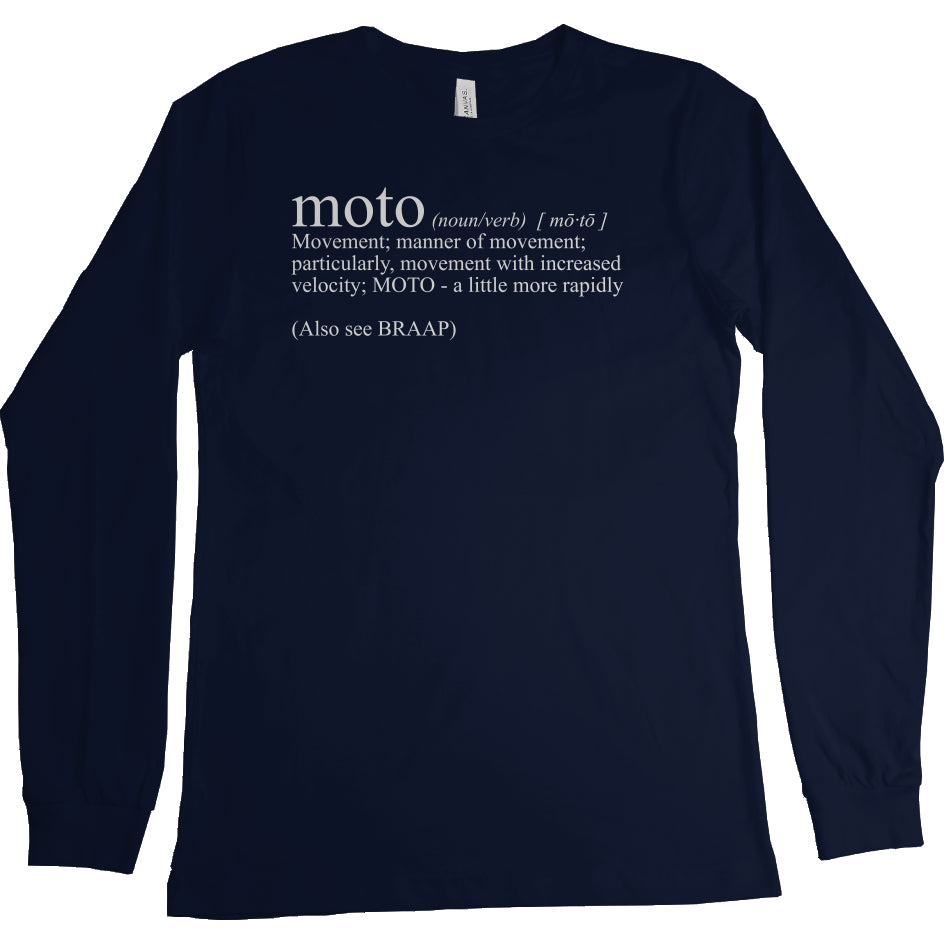 long sleeve t-shirt with "moto definition" from crown moto
