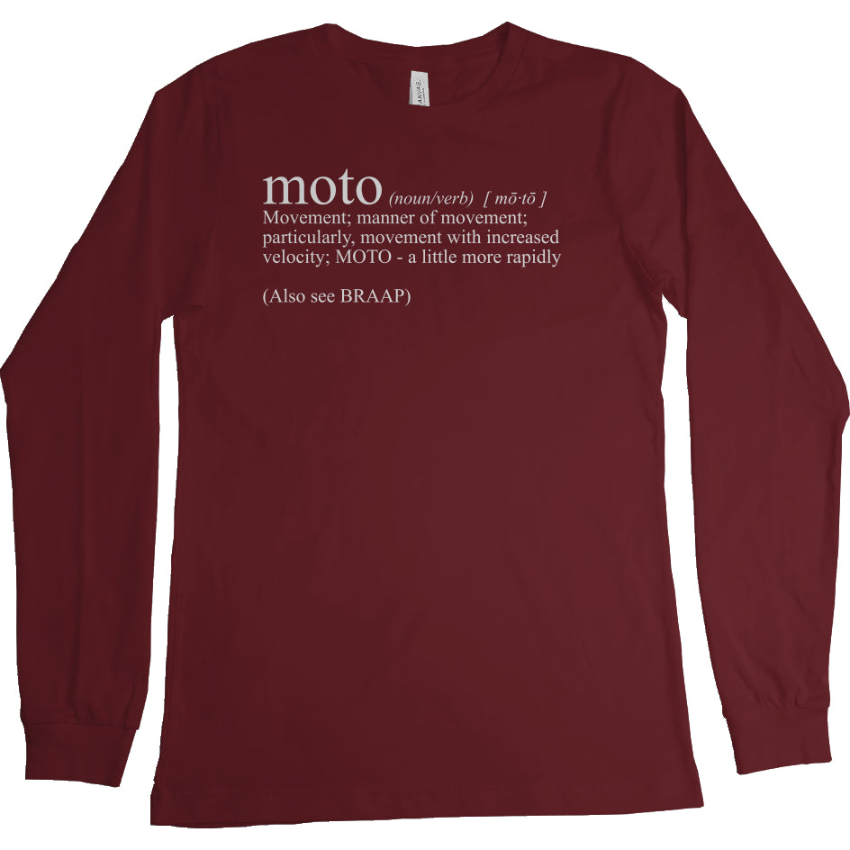 long sleeve t-shirt with "moto definition" from crown moto