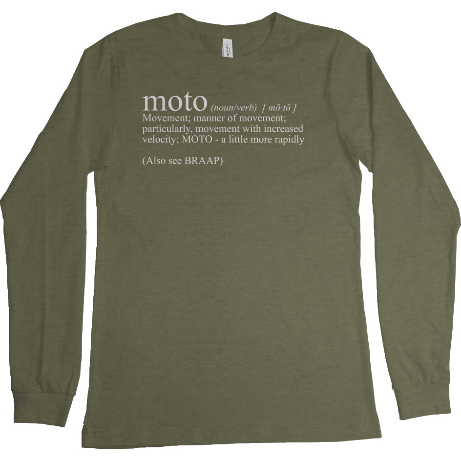 long sleeve t-shirt with "moto definition" from crown moto