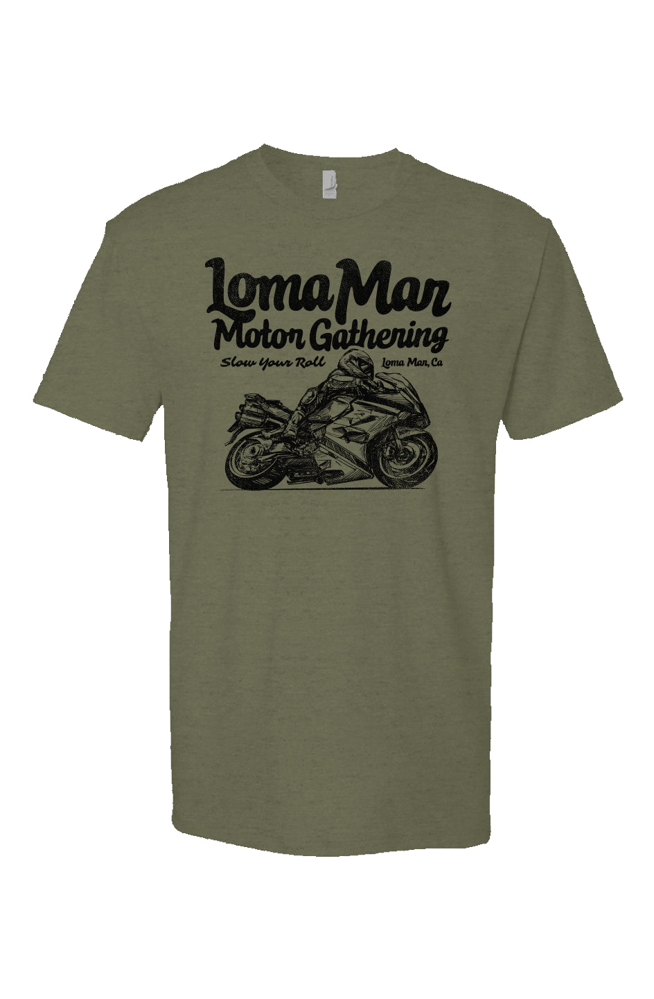 Short sleeve t-shirt with "Loma Mar Motor Gathering" "slow your roll" moto sketch design on chest in black