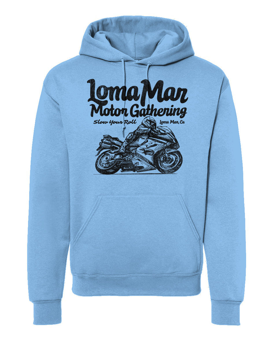 Hooded sweatshirt with "Loma Mar Motor Gathering" moto sketch design on chest in black