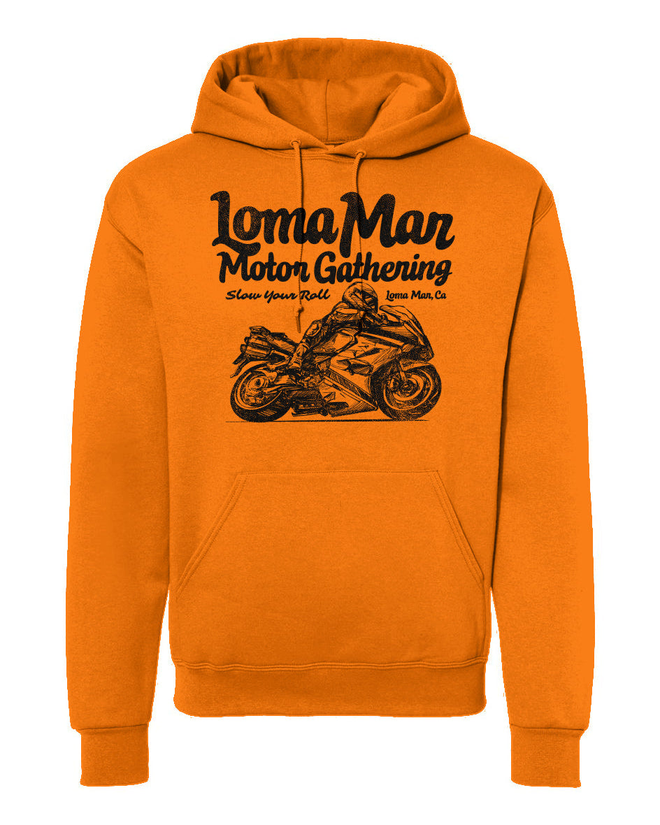 Hooded sweatshirt with "Loma Mar Motor Gathering" moto sketch design on chest in black