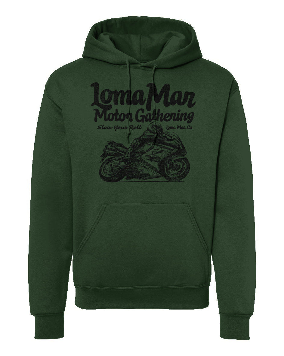 Hooded sweatshirt with "Loma Mar Motor Gathering" moto sketch design on chest in black