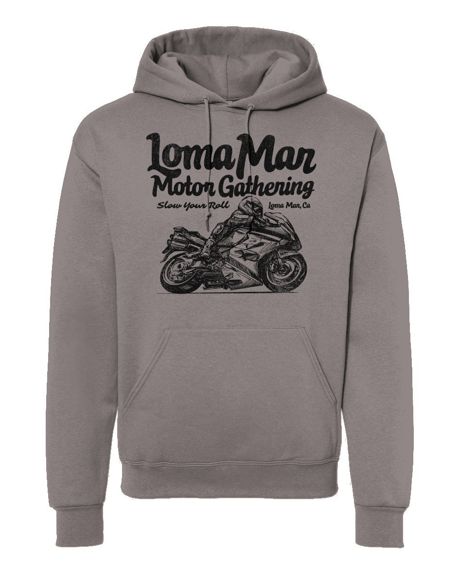 Hooded sweatshirt with "Loma Mar Motor Gathering" moto sketch design on chest in black