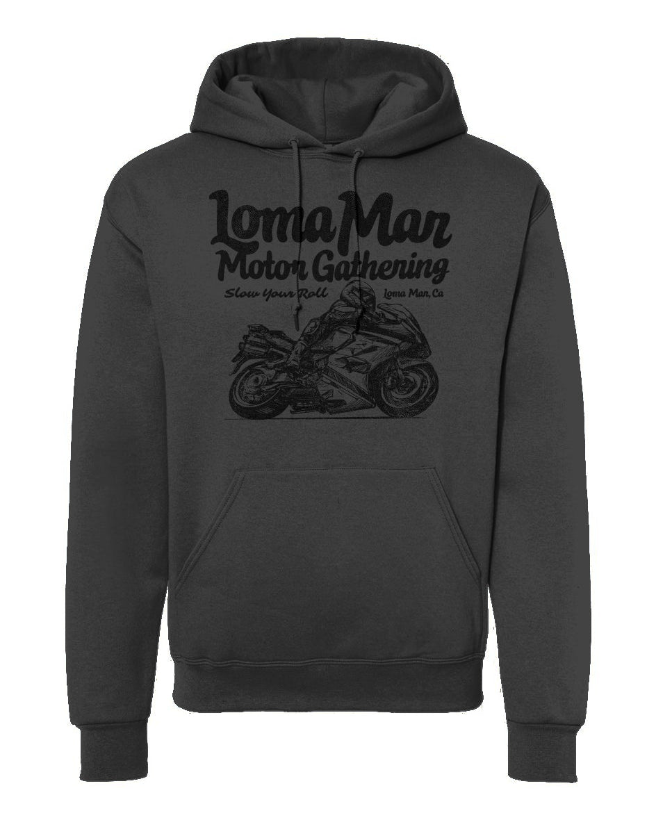 Hooded sweatshirt with "Loma Mar Motor Gathering" moto sketch design on chest in black