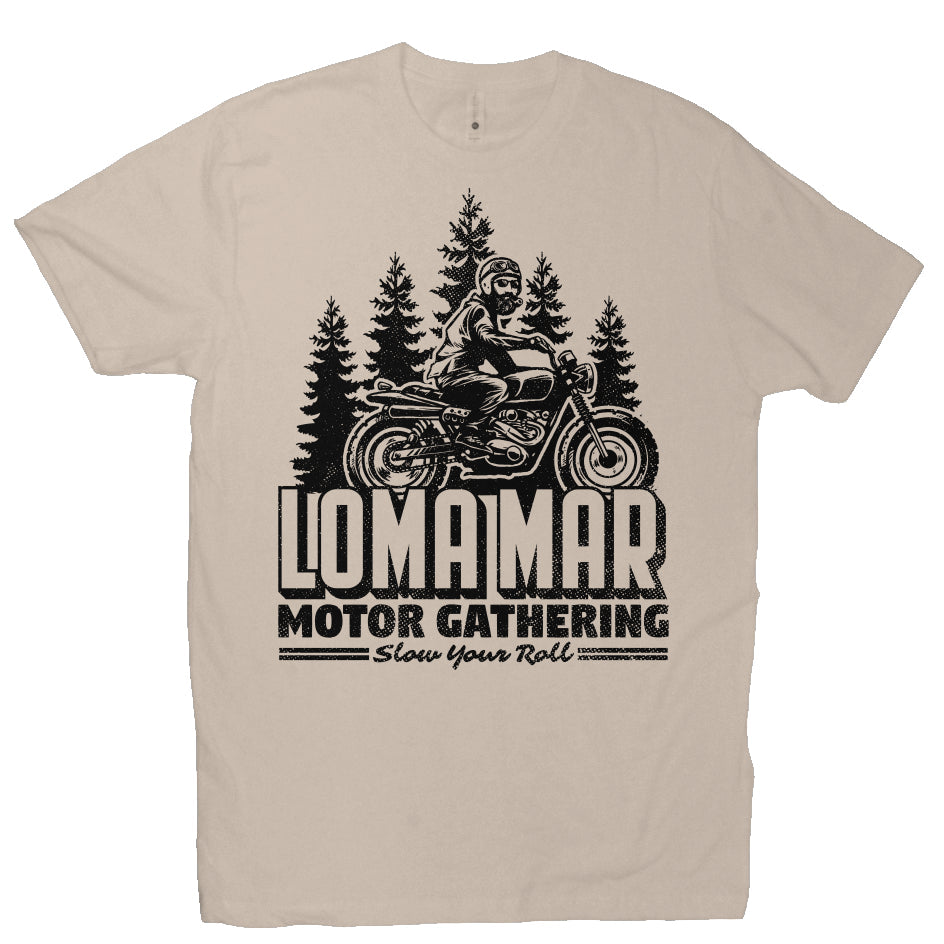 Short sleeve t-shirt with original "Loma Mar Motor Gathering" scrambler motorcycle design on chest in black