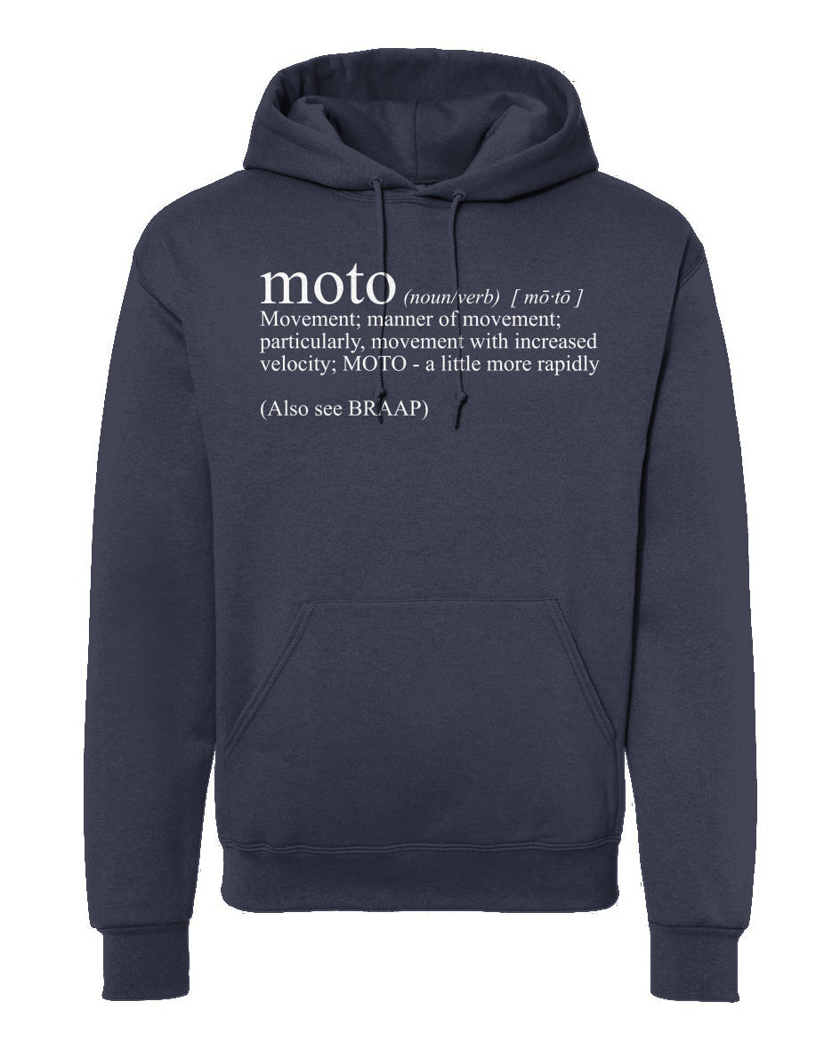 Hooded sweatshirt with original Moto Definition text design on chest by Crown Moto