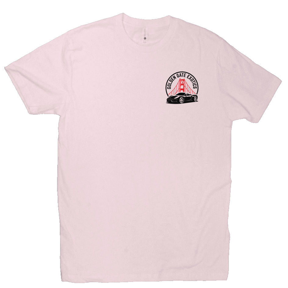 Golden Gate Exotics logo on short sleeve t-shirt, porsche and golden gate bridge