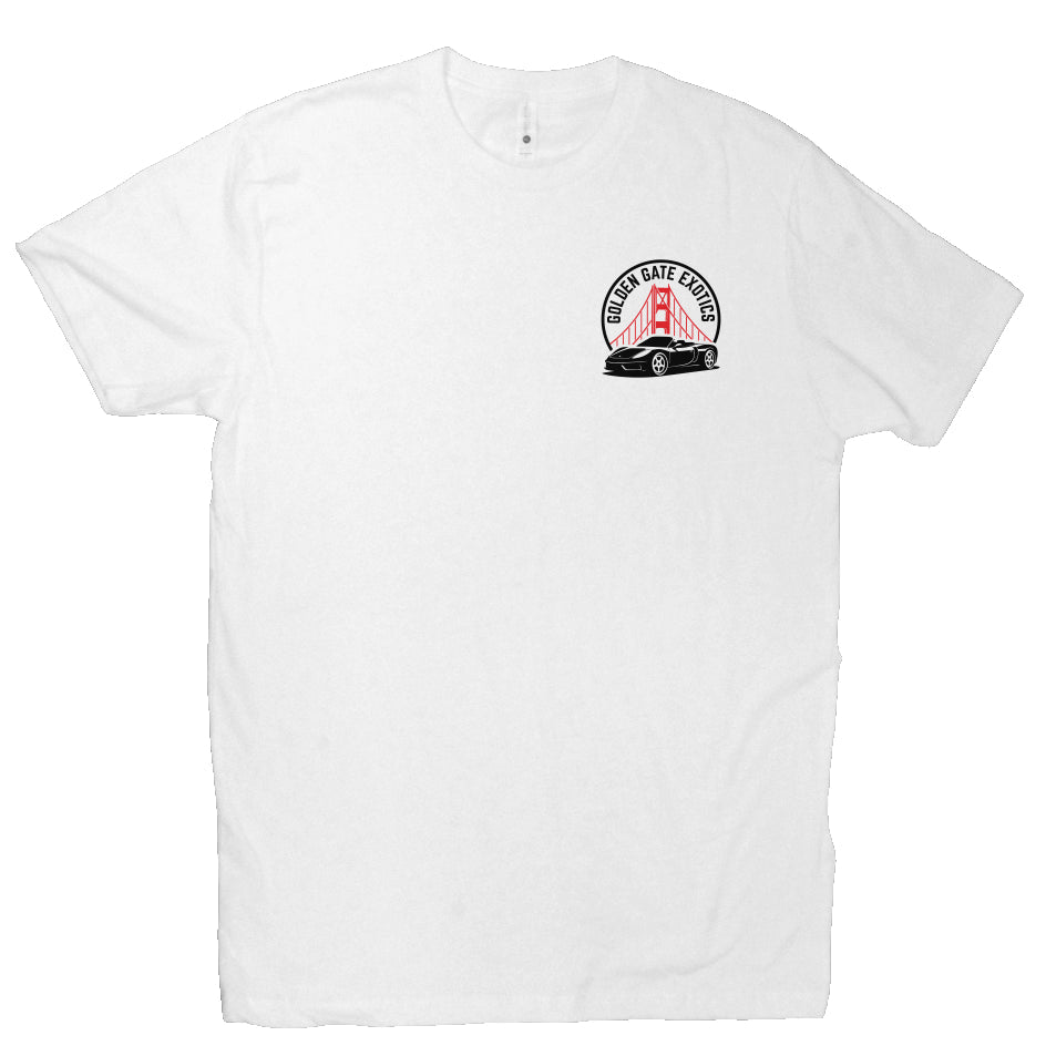 Golden Gate Exotics logo with porsche and the golden gate bridge on short sleeve t-shirt