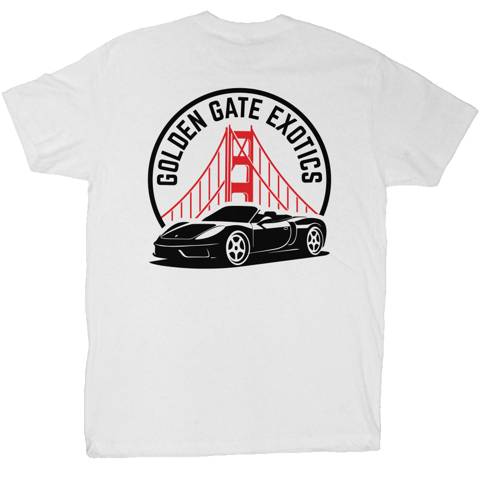 Golden Gate Exotics logo with porsche and the golden gate bridge on short sleeve t-shirt