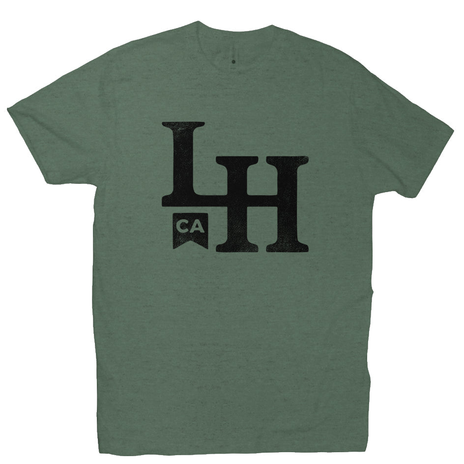 short sleeve t-shirt with La Honda CA LH monogram design on chest