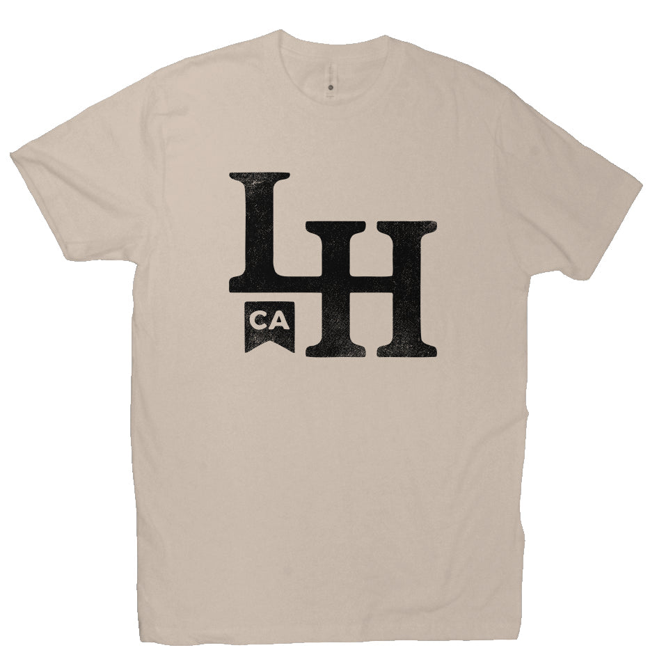 short sleeve t-shirt with La Honda CA LH monogram design on chest