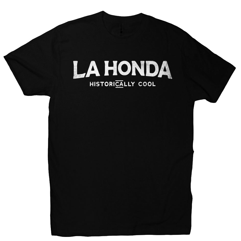 short sleeve t-shirt with La Honda Historically Cool design on chest