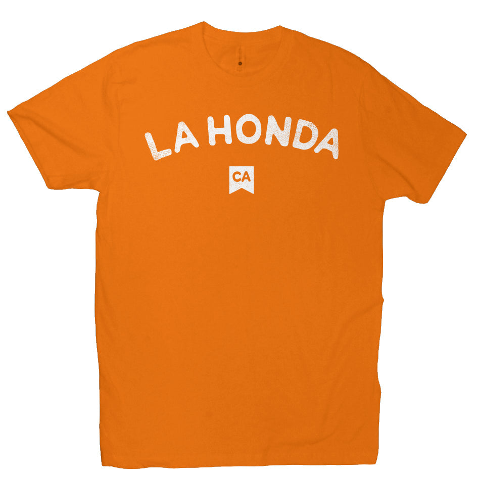 La Honda CA design on chest of short sleeve t-shirt