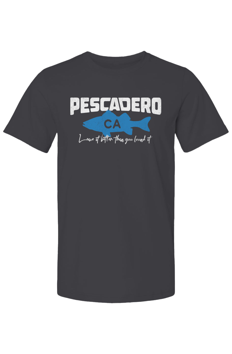 Pescadero Fish CA design on chest of short sleeve t-shirt