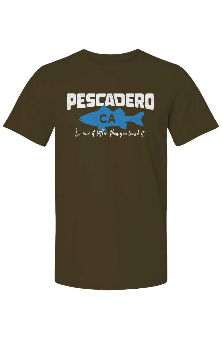 Pescadero Fish CA design on chest of short sleeve t-shirt