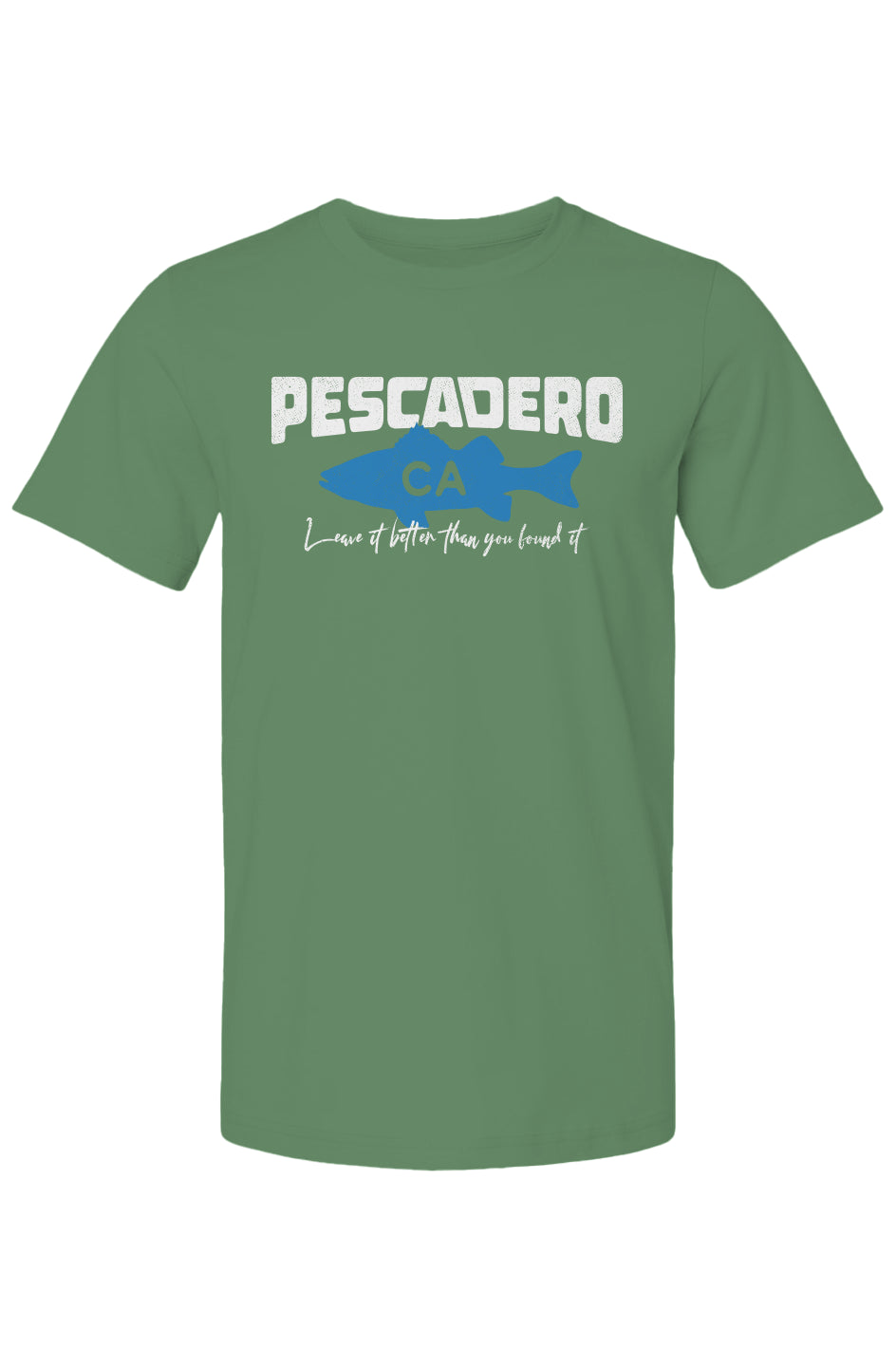 Pescadero Fish CA design on chest of short sleeve t-shirt