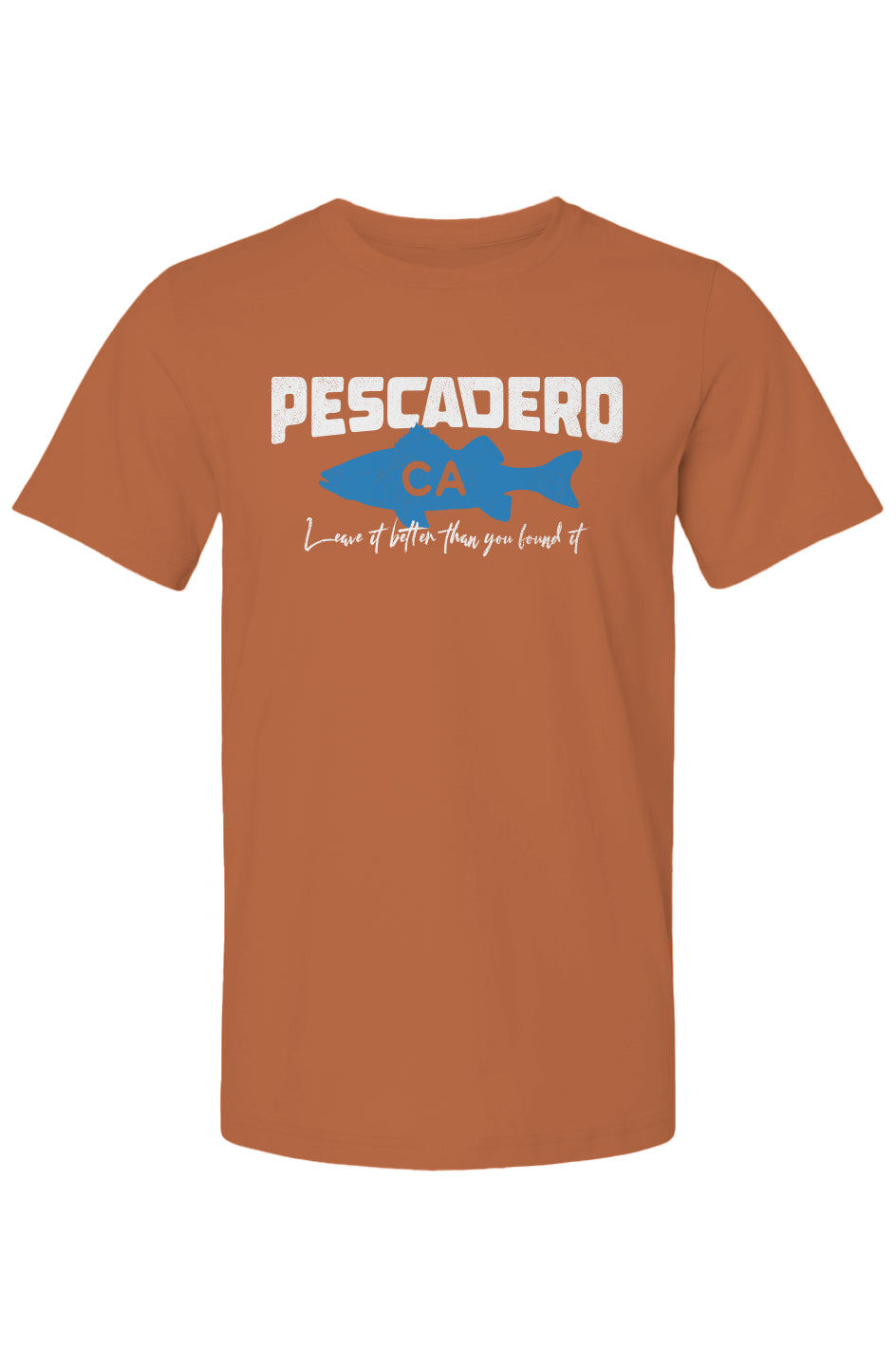 Pescadero Fish CA design on chest of short sleeve t-shirt