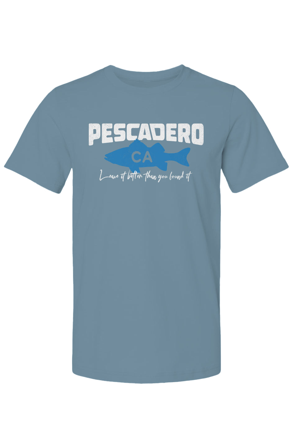 Pescadero Fish CA design on chest of short sleeve t-shirt