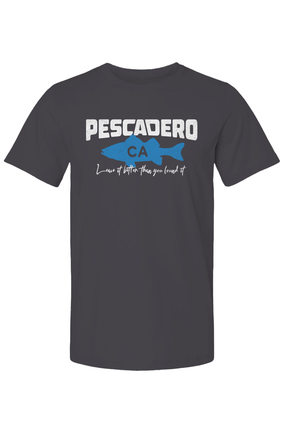 Pescadero Fish CA design on chest of short sleeve t-shirt