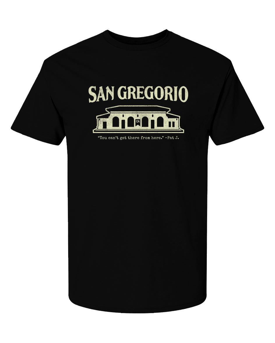 Short sleeve t-shirt with San Gregorio General Store design printed on chest in cream
