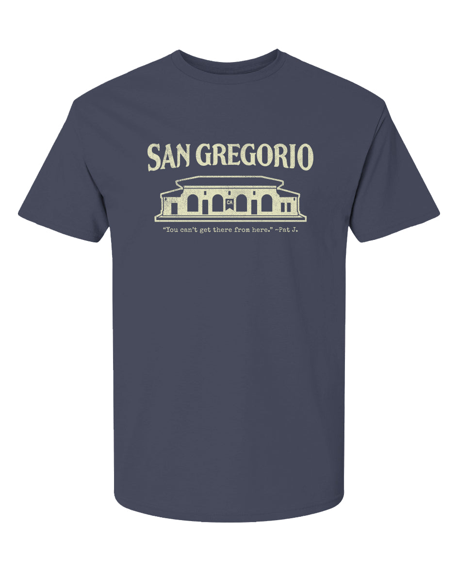 Short sleeve t-shirt with San Gregorio General Store design printed on chest in cream