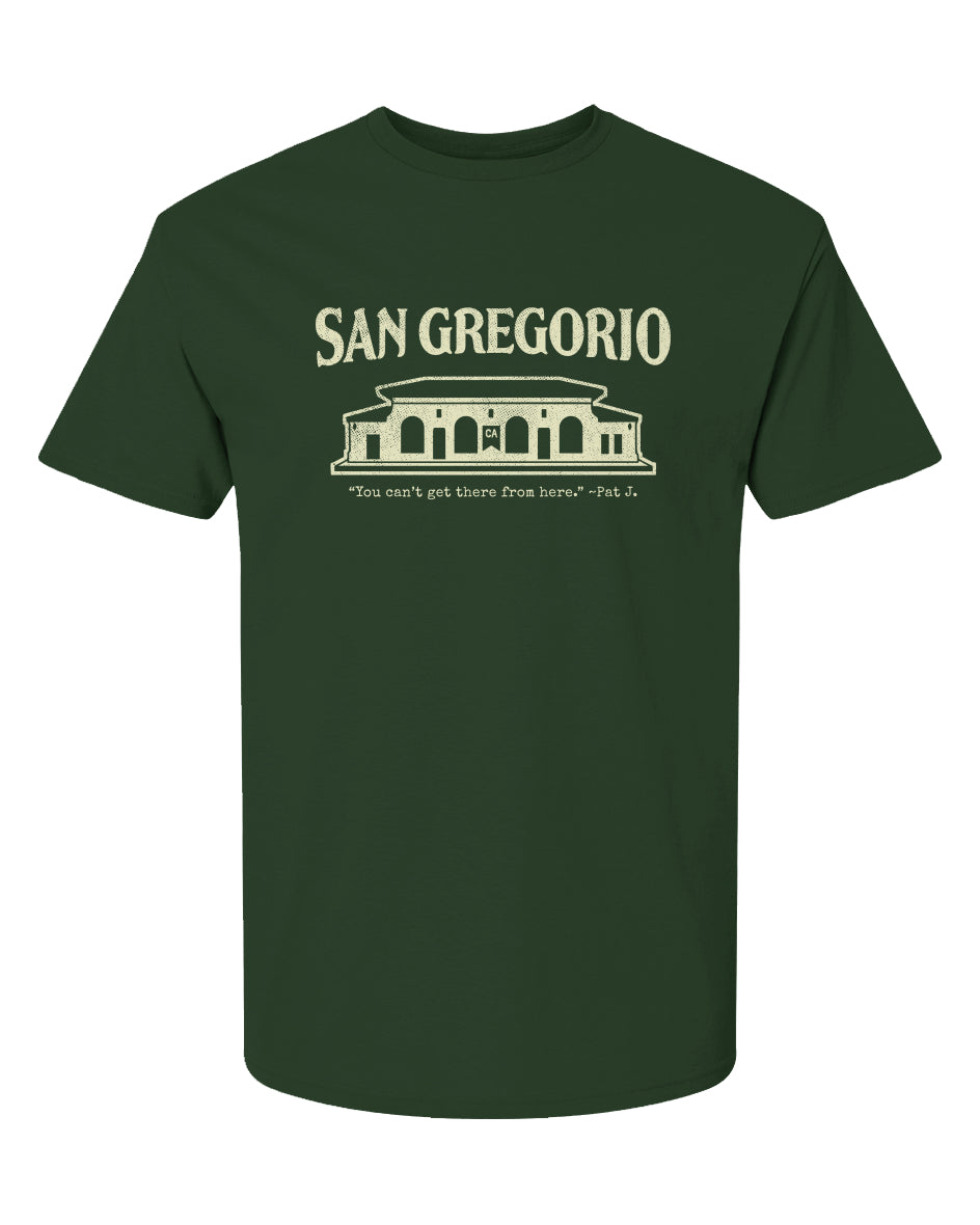 Short sleeve t-shirt with San Gregorio General Store design printed on chest in cream