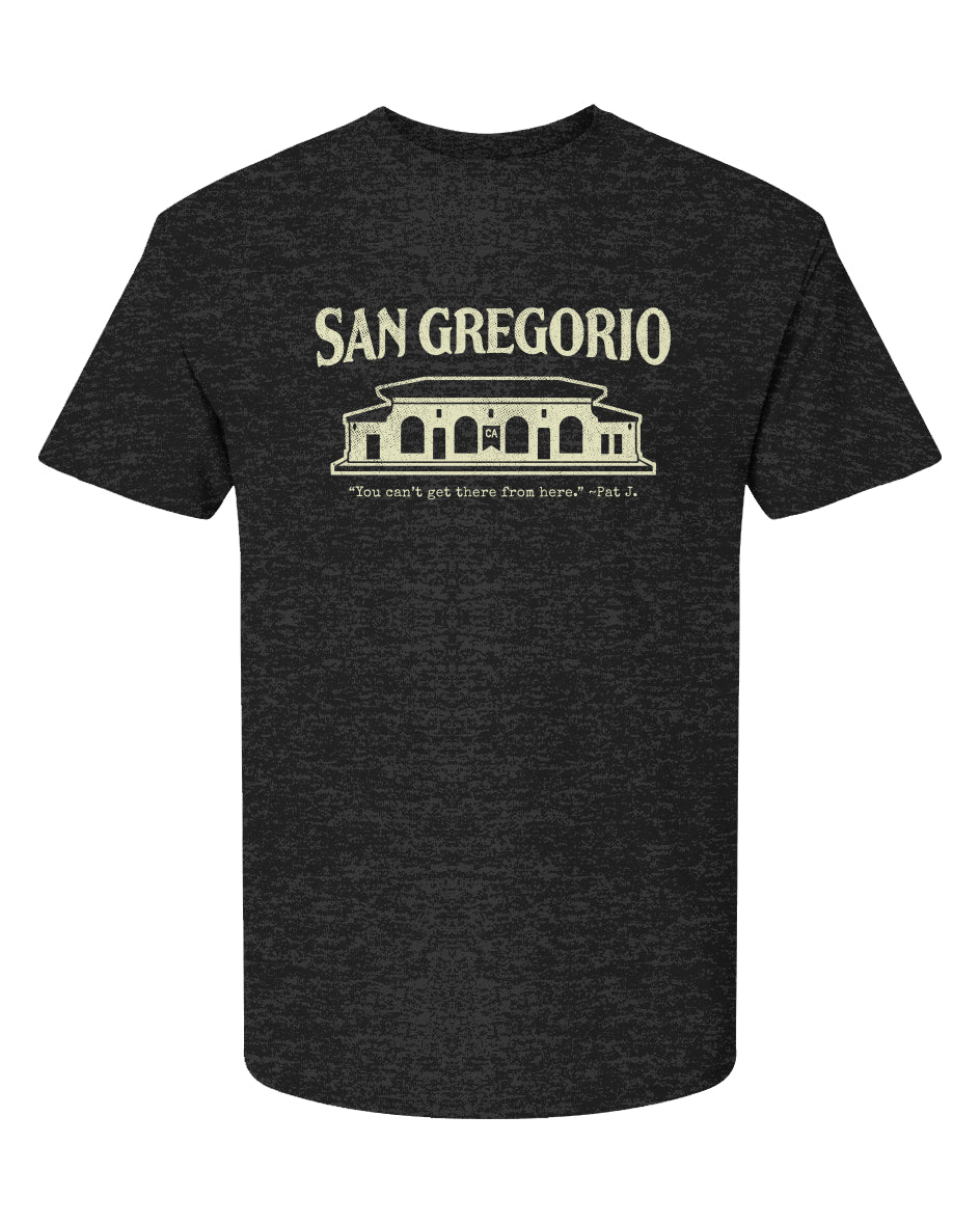 Short sleeve t-shirt with San Gregorio General Store design printed on chest in cream
