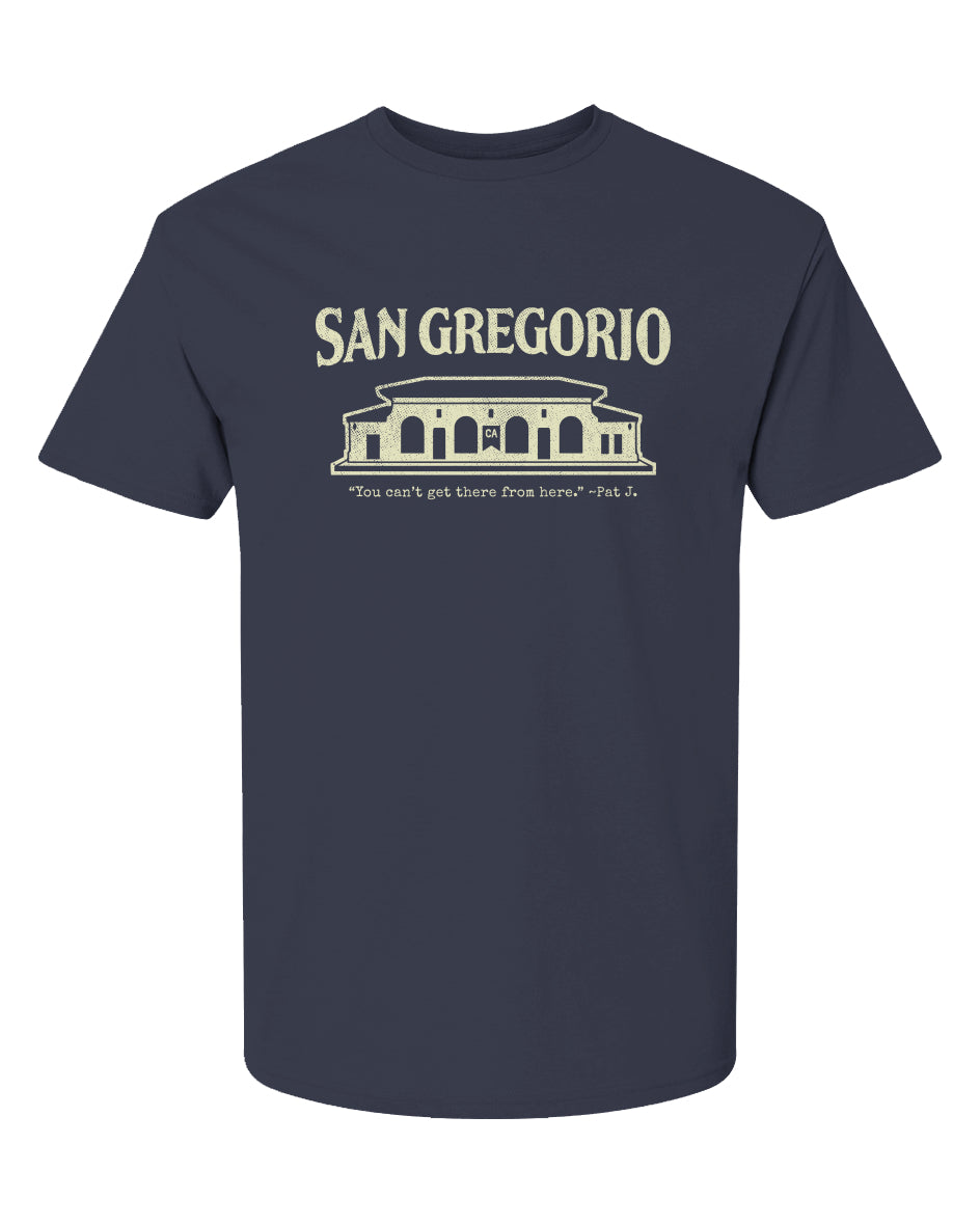Short sleeve t-shirt with San Gregorio General Store design printed on chest in cream