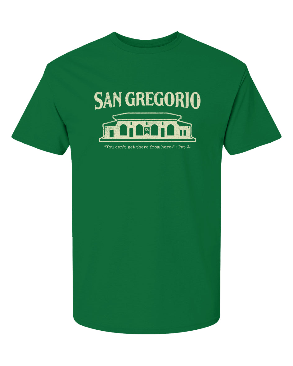 Short sleeve t-shirt with San Gregorio General Store design printed on chest in cream