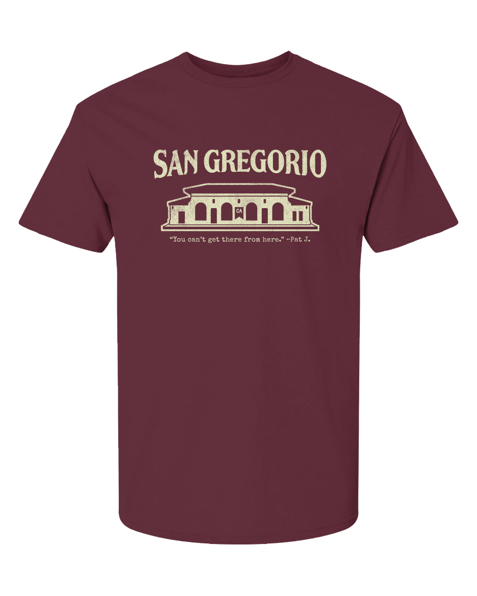 Short sleeve t-shirt with San Gregorio General Store design printed on chest in cream