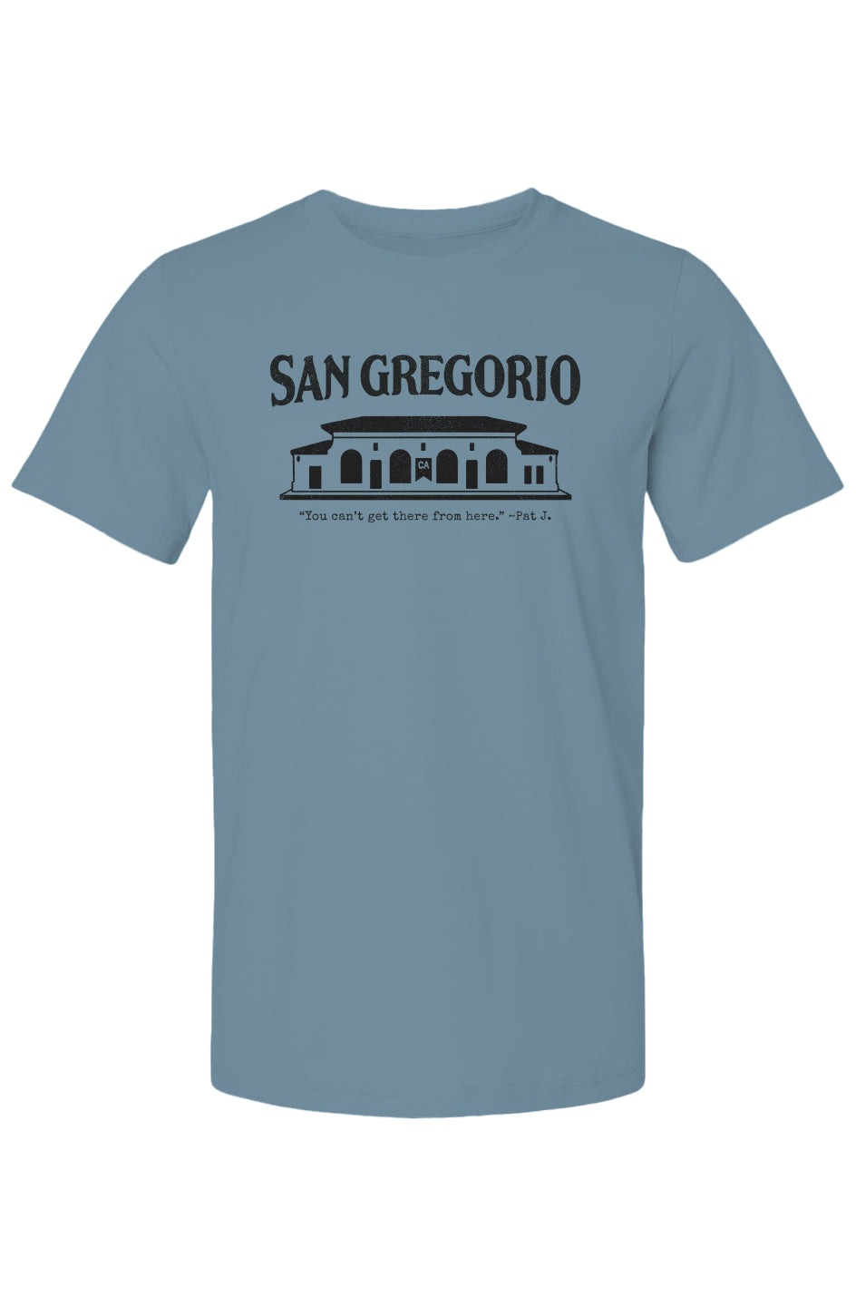 Heather t-shirt with San Gregorio General Store design printed on chest