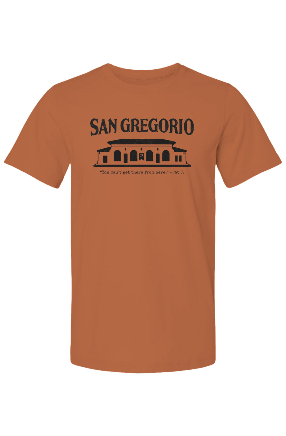 Heather t-shirt with San Gregorio General Store design printed on chest