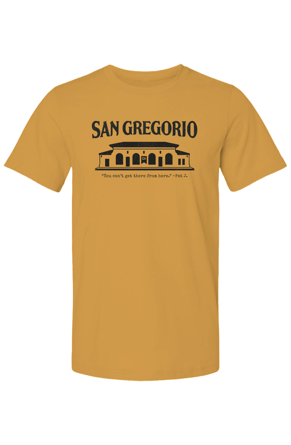 Heather t-shirt with San Gregorio General Store design printed on chest