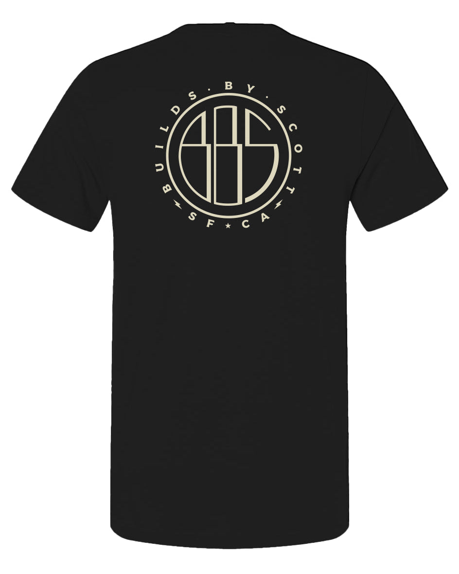"builds by scott" logo printed on back of short sleeved t-shirt