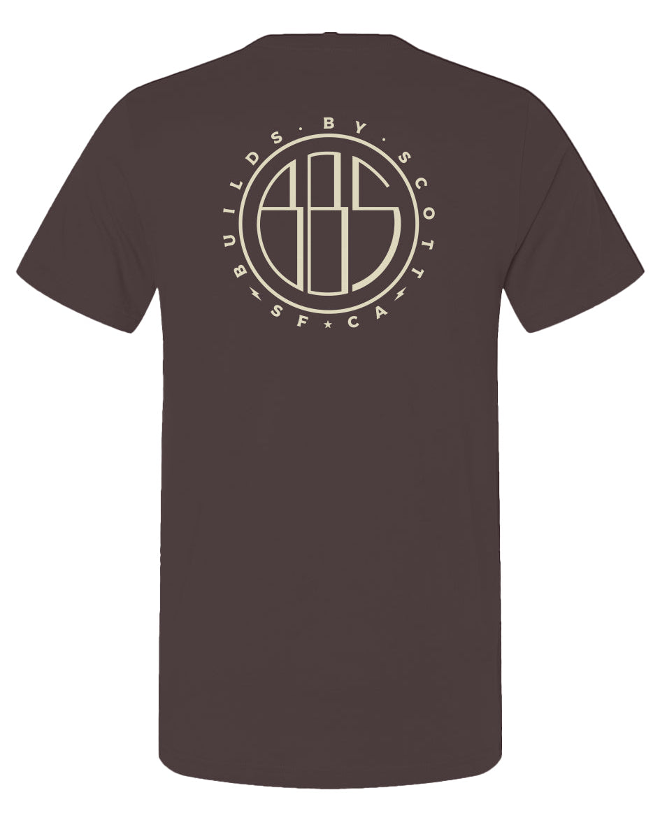 "builds by scott" logo printed on back of short sleeved t-shirt