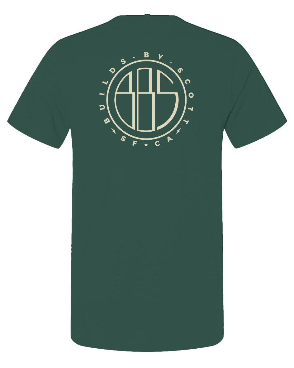 "builds by scott" logo printed on back of short sleeved t-shirt