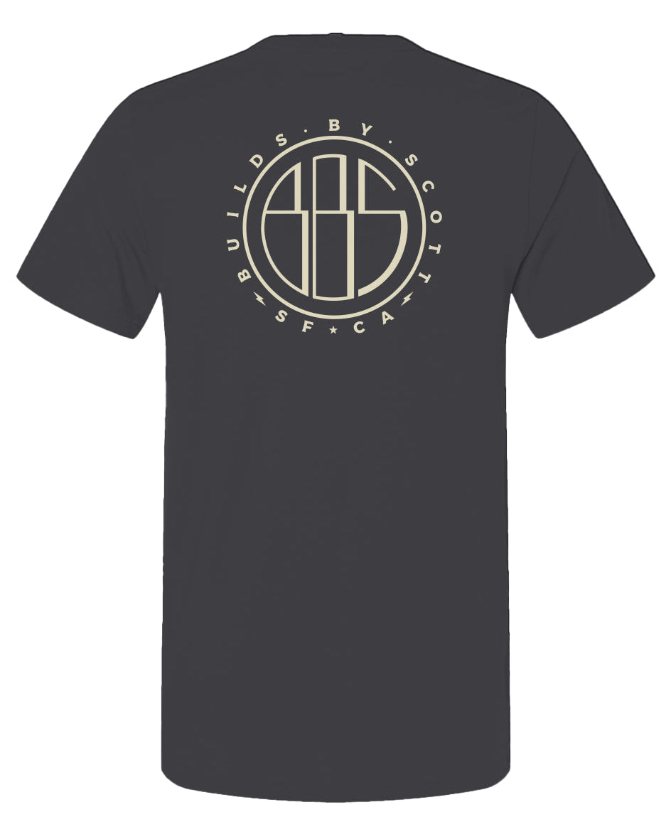 "builds by scott" logo printed on back of short sleeved t-shirt
