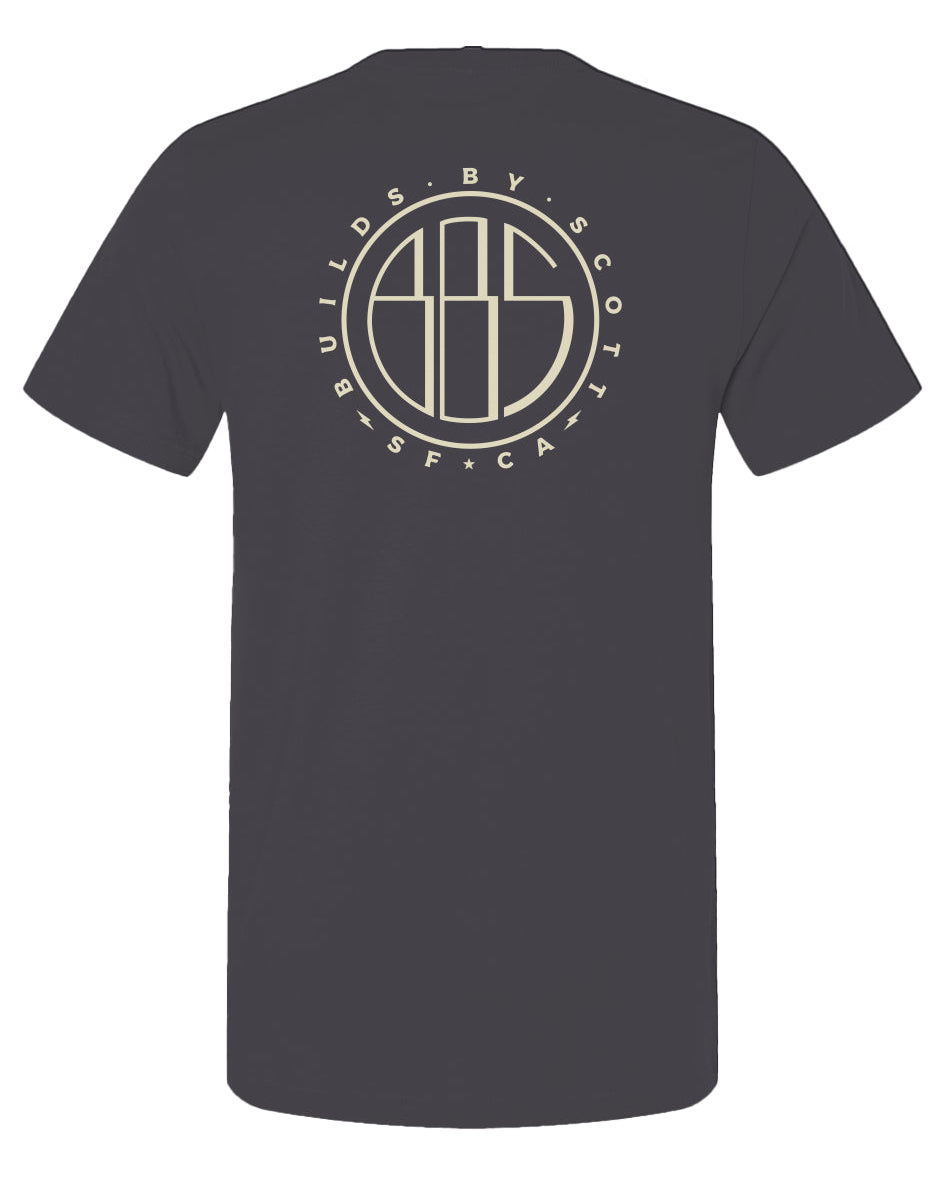 "builds by scott" logo printed on back of short sleeved t-shirt
