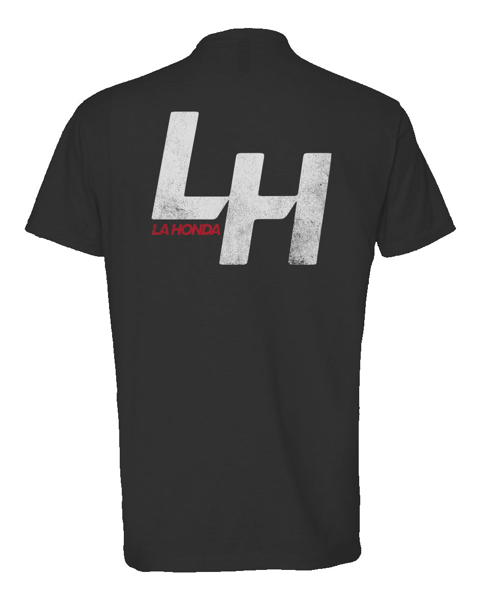 La Honda SHIFT design on back of heather short sleeve t-shirt