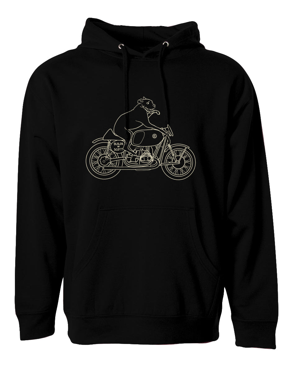 Elvis dog on a motorcycle drawing printed on chest of hooded sweatshirt