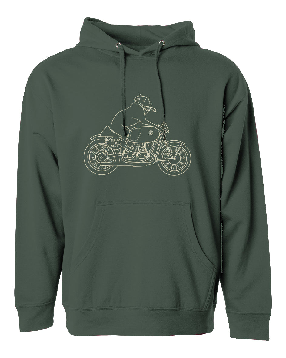 "builds by scott" Elvis dog design printed on chest of hooded sweatshirt