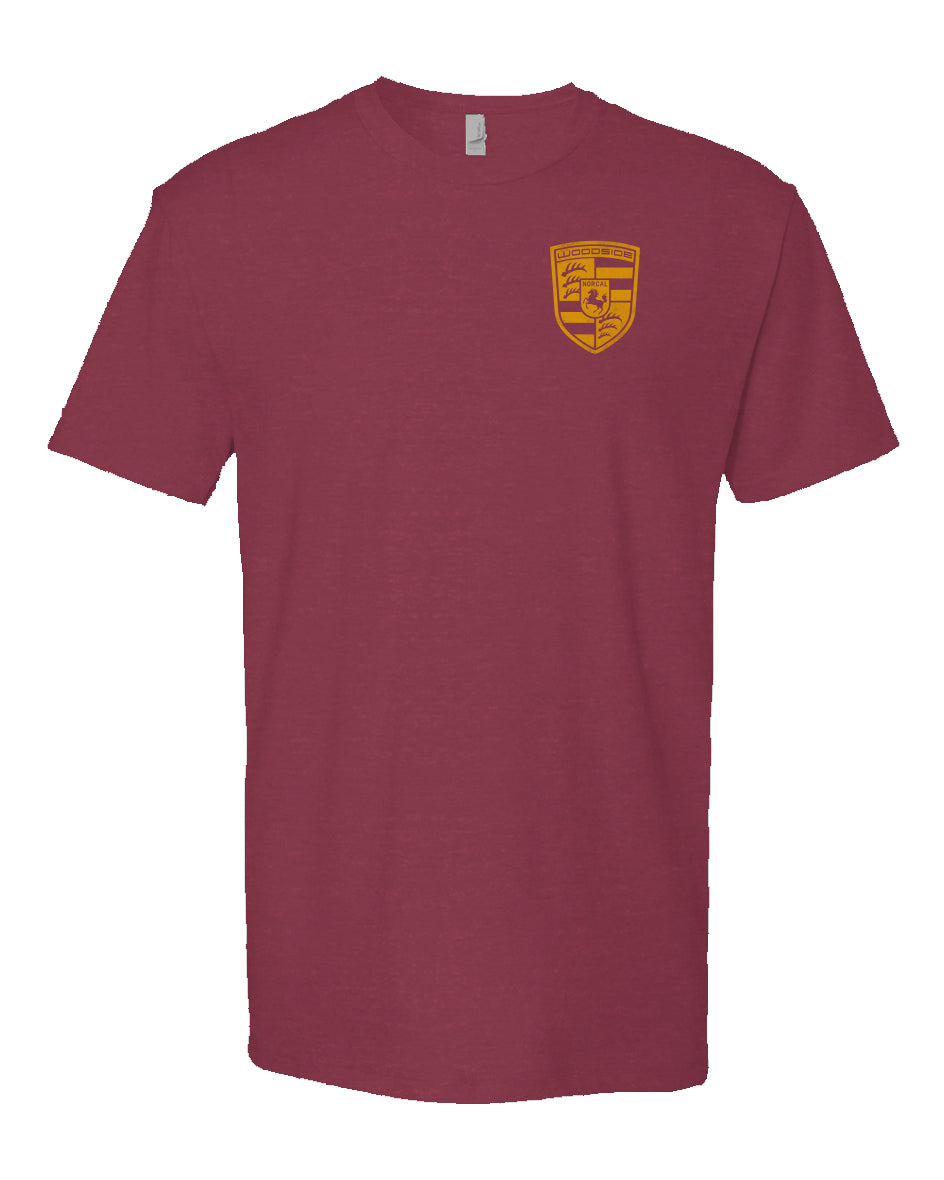 Woodside Porsche design in signal yellow on chest of Heather Short Sleeve T-shirt