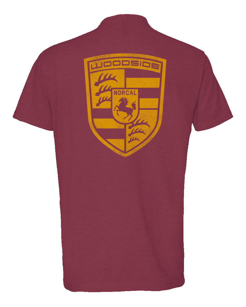 Woodside Porsche design in signal yellow on back of Heather Short Sleeve T-shirt