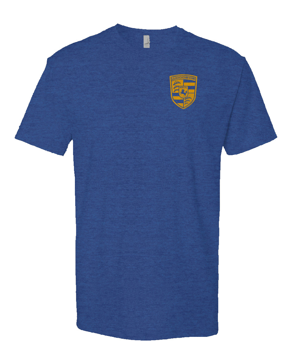 Woodside Porsche design in signal yellow on chest of Heather Short Sleeve T-shirt