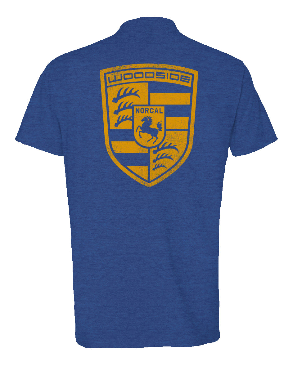 Woodside Porsche design in signal yellow on back of Heather Short Sleeve T-shirt