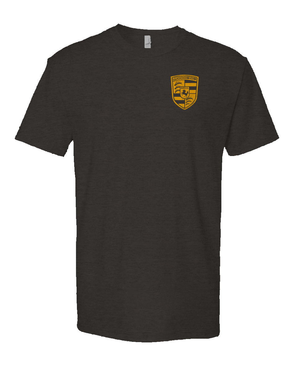 Woodside Porsche design in signal yellow on chest of Heather Short Sleeve T-shirt