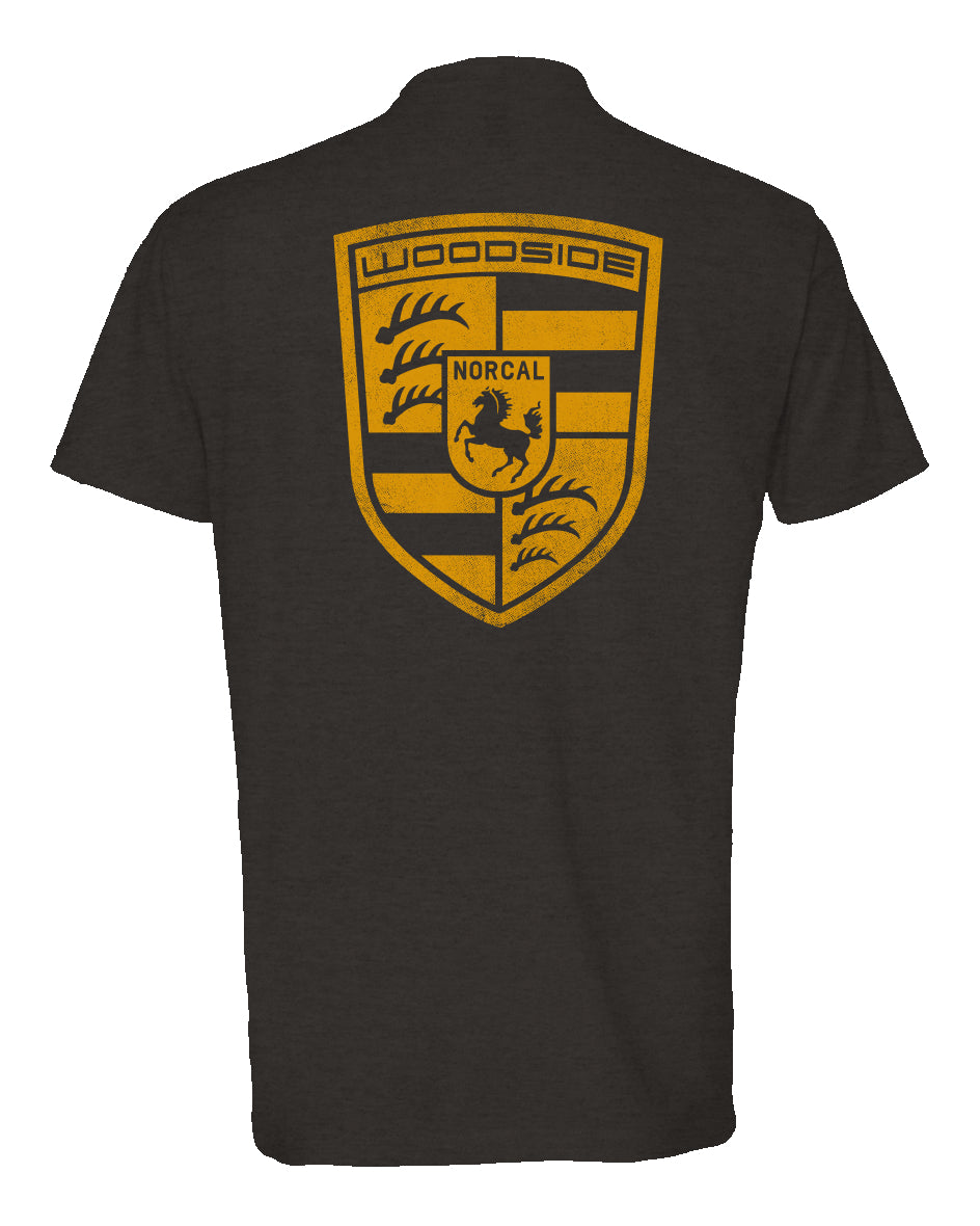 Woodside Porsche design in signal yellow on back of Heather Short Sleeve T-shirt